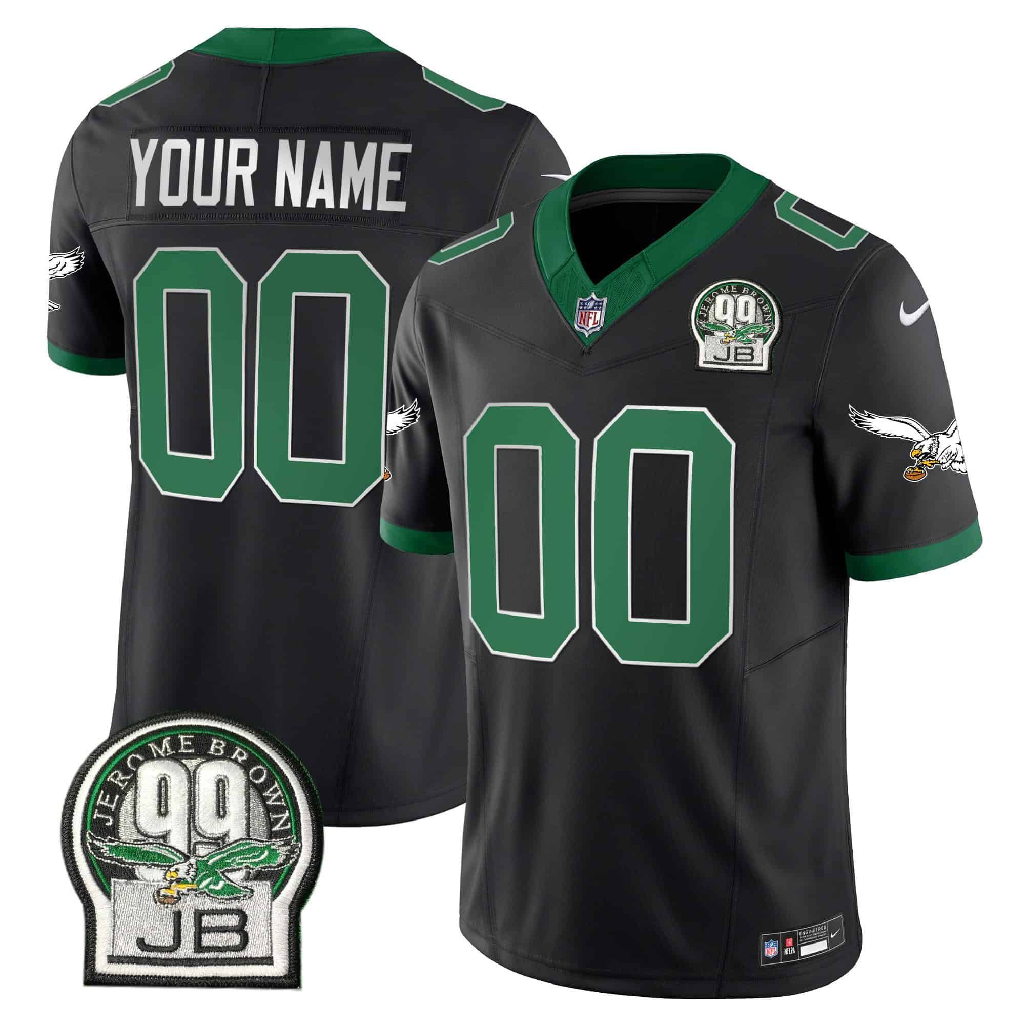 Men Philadelphia Eagles Black 2024 Nike Jerome Brown Patch Alternate Custom NFL Jersey